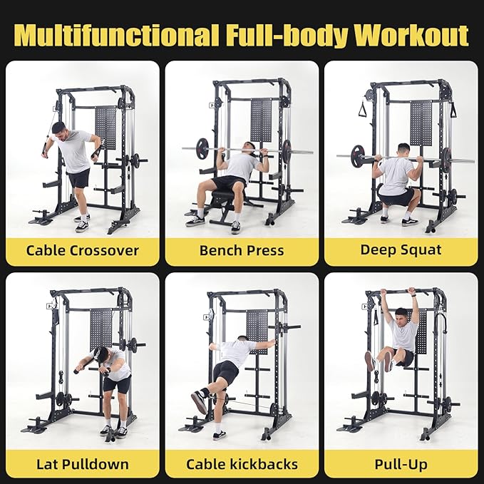 Power Cage, Squat Rack with Cable Crossover and Dual Independent Pulley System, 2000LB Capacity Workout Cage with More Training Attachments, Power Rack for Home Gym-StrideForce Fitness