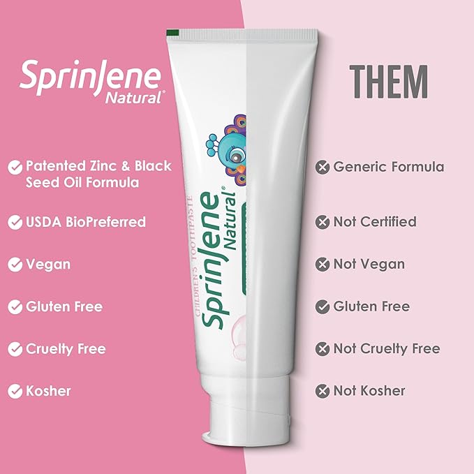 SprinJene Natural Children’s Toothpaste – Fluoride Bubblegum Toothpaste for Kids & Toddlers – Safe Gentle Formula for Cavity Protection – Made in The USA with Black Seed Oil & Zinc (4 Pack)