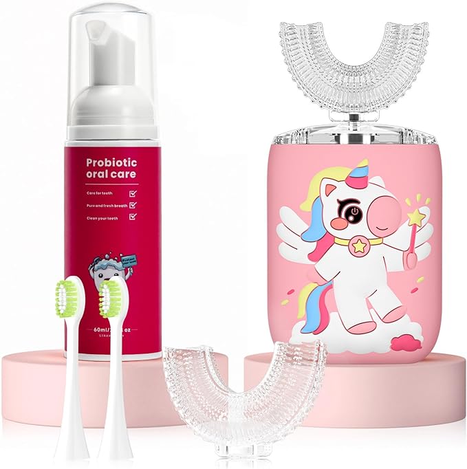 Kids Electric U Shaped Toothbrush Unicorn Rechargeable Sonic Toothbrush with 4 Soft Brush Heads with Kid Toothpaste IPX7 Waterproof - (Age 8-15, Pink)
