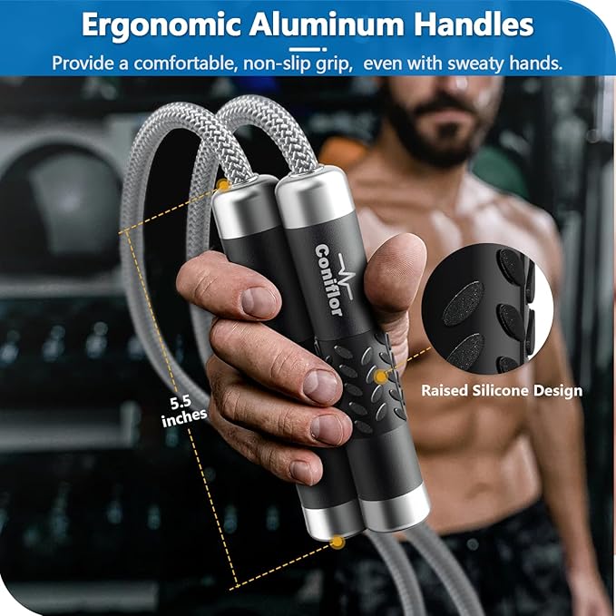 Weighted Jump Rope, 1LB Tangle-Free Ball Bearing Rapid Speed Skipping Rope for Men Women, Adjustable 9mm Cotton & PVC Rope with Alum Handle for Boxing MMA Weight-Loss Athletic Workout Fitness-StrideForce Fitness