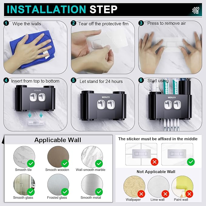 Toothbrush Holder,Multi-Functional Wall Mounted Toothbrush Holder,Toothpaste Dispenser for Bathroom with 2 Toothpaste Squeezers,5 Toothbrush Slots and 4 Cups(Black)