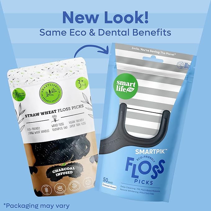 SmartLifeco Eco-Friendly Dental Floss Picks (200ct) - Flossers Made with Straw Wheat Blend, Natural Teeth Whitening, Tooth Pick Stick for Adults, Soft on Gums, Activated Bamboo Charcoal Floss Thread