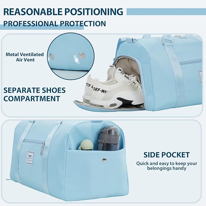 FIORETTO Womens Gym Tote Duffle Bag with Wet Pocket & Shoe Compartment, Sports Duffel Overnight Weekender Hospital Workout Carry on Bag for Girls, Ideal for Travel, Swimming, Dance, Ballet Light Blue-StrideForce Fitness