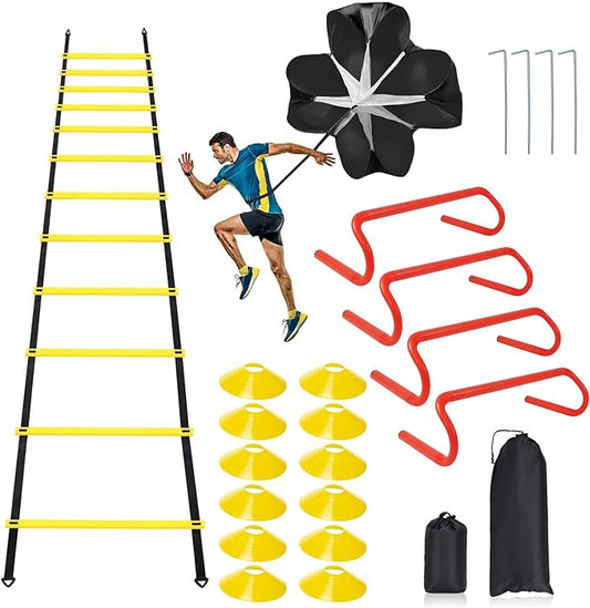Speed & Agility Ladder Training Equipment Set, Includes 12 Rung 20ft Agility Ladder, 4 Agility Hurdles,12 Disc Cones, 1 Resistance Parachute for Training Football Soccer Basketball Athletes-StrideForce Fitness