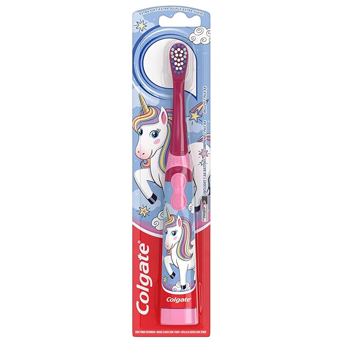 Colgate Kids Battery Powered Toothbrush, Kids Battery Toothbrush with Included AA Battery, Extra Soft Bristles, Flat-Laying Handle to Prevent Rolling, Unicorn Toothbrush, 1 Pack