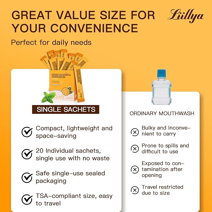 Mouthwash Travel Size, Individual Mini Mouthwash Alcohol Free, Orange Mint for Fresh Breath, Oral Care, Teeth & Gum Health, TSA Compliant, Portable Packets to Go, 0.41 Fl Oz x 20 Packs