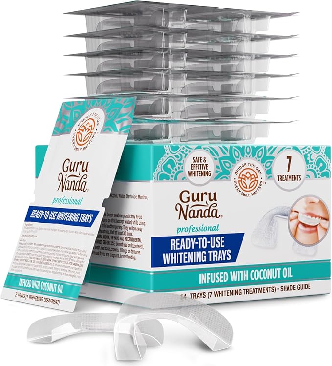 GuruNanda Ready-to-Use Prefilled Whitening Trays (7 Treatments) with 8% Hydrogen Peroxide to Remove Surface Stains, Fast & Easy Teeth Whitening for Sensitive Smiles