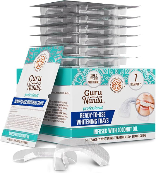 GuruNanda Ready-to-Use Prefilled Whitening Trays (7 Treatments) with 8% Hydrogen Peroxide to Remove Surface Stains, Fast & Easy Teeth Whitening for Sensitive Smiles