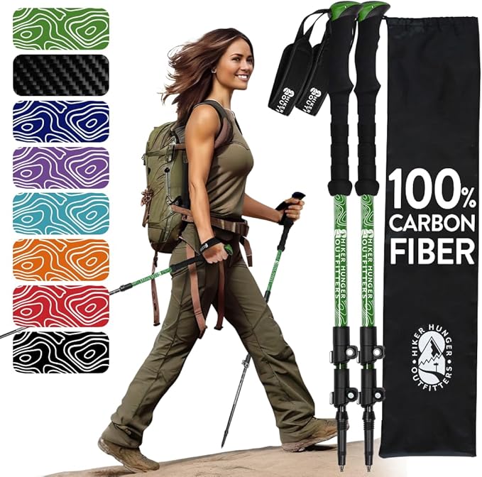 100% Carbon Fiber Trekking Poles by USA Brand - Ultra Strong Lightweight Collapsible Hiking Poles with Cork and EVA Foam Grips & Quick Adjustable Flip Locks-StrideForce Fitness