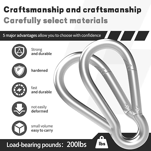 200PCS M5 Spring Snap Hook Carabiner, 2IN Heavy Duty Galvanized Steel Carabiner Clip, 220LBS Holding Capacity Spring Clips for Hammock Swing Outdoor Travel-StrideForce Fitness