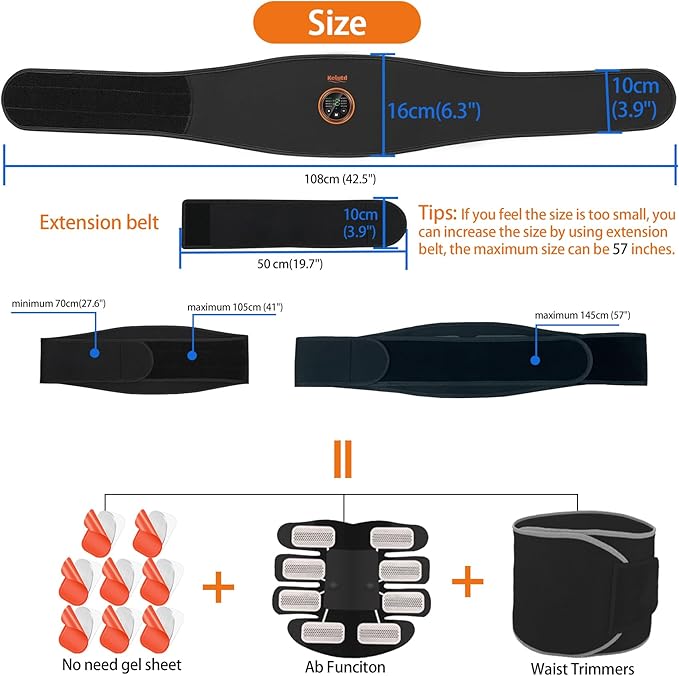 Abs Stimulator Belt-FDA Cleared EMS Massager Abdominal Toining Fitness Belt without GEL SHEET Tactical Abs Power Muscle Toner Workout Men Women & Bodybuilders USB Rechargeable Black KLT-07-StrideForce Fitness