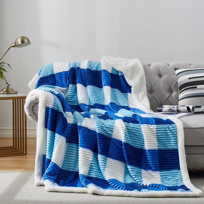 PU MEI Sherpa Blanket Twin Plaid Thick Bed Blanket, 60”*80” Super Soft Flannel Fuzzy Fleece Reversible Velvet Plush Warm Blanket for Couch (Blue Check, 60"*80")-StrideForce Fitness