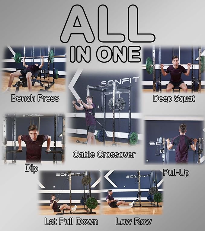 Eonfit E2 Power Cage，1500LB Squat Rack with Cable Crossover System.Multi-Function Power Rack for Home Gum.All-in-One Squat Rack with More Training Attachments-StrideForce Fitness