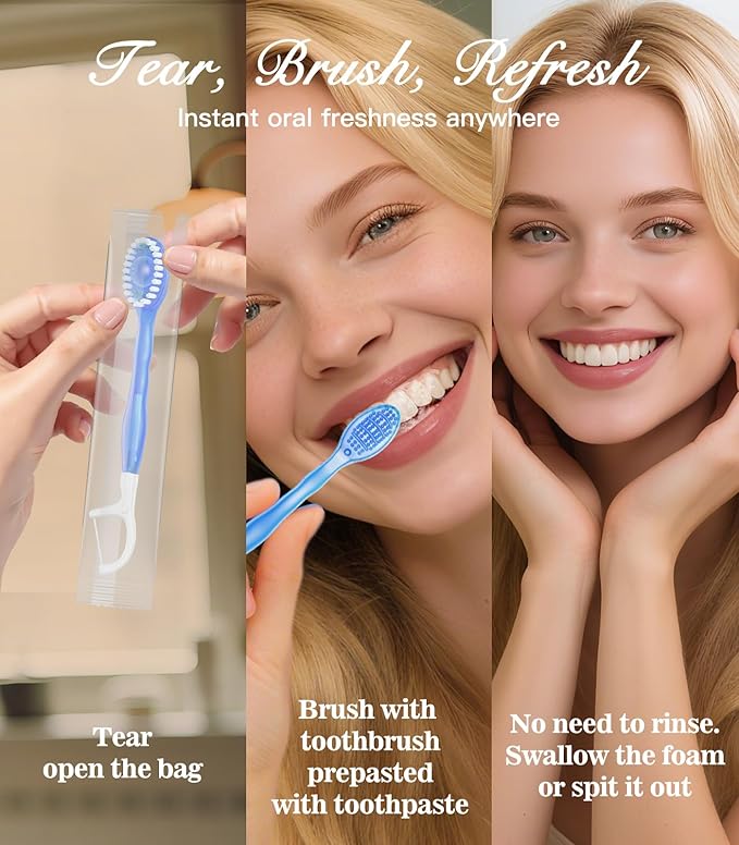 12 Pack 5-in-1 Disposable Mini Toothbrush with Toothpaste + Floss + Pick + Tongue Scraper for Work/Camping/Travel, Travel Toothbrush Set for Kids Adults, Individually Wrapped, Mint Flavor