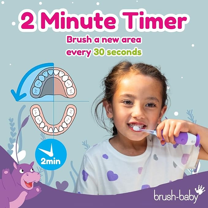 BrushBaby - WildOnes - Kids Rechargeable Electric Toothbrush, Ages 0-10 - Holly Hippo Design with Flashing Lights - DeepClean Bristles for Superior Cleaning - 2 Replacement Brush Heads, 1 USB Cable