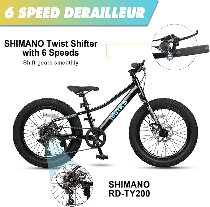 Glerc Mars Kids Mountain Bike, 20 24 Inch Fat Tire Bike for Teen Ages 6-14 Year Old, Bicycle with 2.8-Inch Wide Tires and 6 Speed Drivetrain, Multiple Colors-StrideForce Fitness