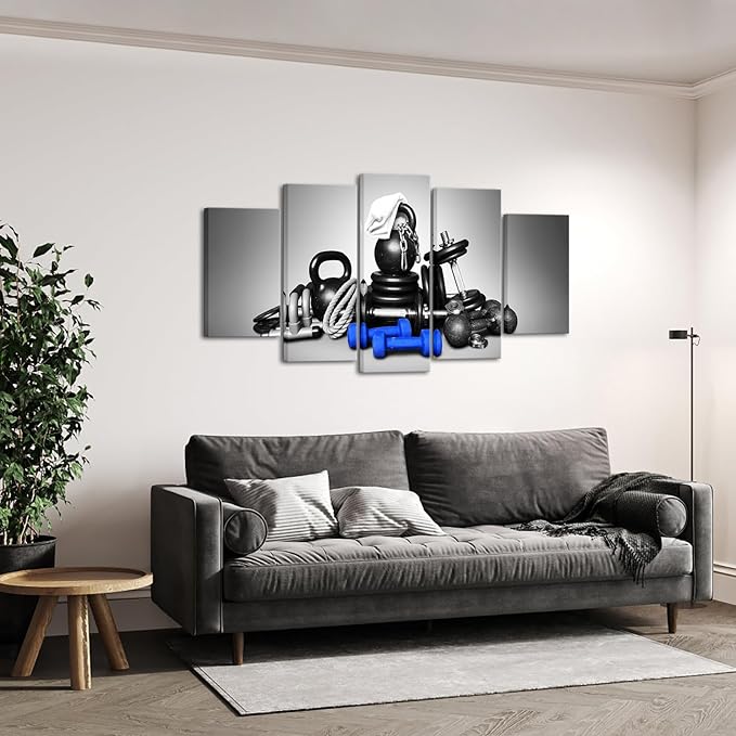KREATIVE ARTS Large 5 Panel Wall Art Fitness Equipment Canvas Prints Black and Blue Gym Pictures for Boys Men Bedroom Artwork Painting Home Decor Sportsman Gifts Decoration-StrideForce Fitness