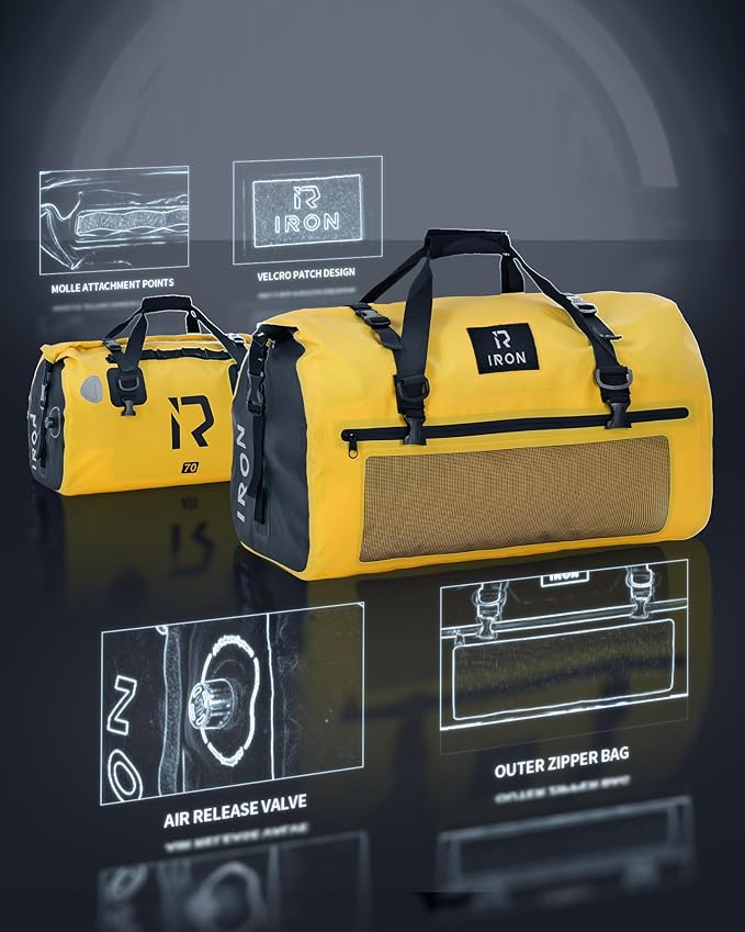 BORLENI Waterproof Motorcycle Dry Duffel Bag Luggage Tail Bag with Large Storage Space,Roll Top Closure, Shoulder Straps, Inner Pocket and Mesh Pocket for Motorcycling Travel Camping(Yellow,70L)-StrideForce Fitness