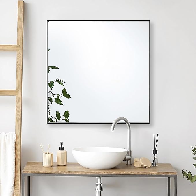 28x28 Inch Black Bathroom Mirror for Wall, Aluminum Frame Rectangle Rectangular Vanity Mirror, Modern Large for Bedroom, Living Room, Horizontal or Vertical-StrideForce Fitness