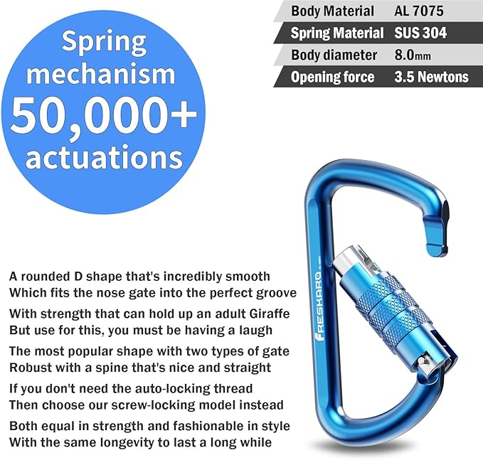 FresKaro 3inch 12kN-2698lbs Auto Locking Carabiner Clips, Solid D Shape, Heavy Duty 7075 Aluminum, Lightweight 1.09oz, Rust Proof, for Hammock, Hiking, Dog Leash, Keychain etc., Multi-Colors-StrideForce Fitness