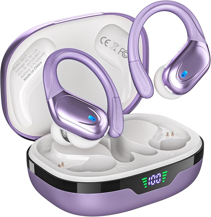 Wireless Earbuds, Sports Bluetooth Headphones, 80Hrs Playtime Ear Buds with LED Power Display, Noise Canceling Headset, IPX7 Waterproof Earphones for Workout/Running (Purple)-StrideForce Fitness