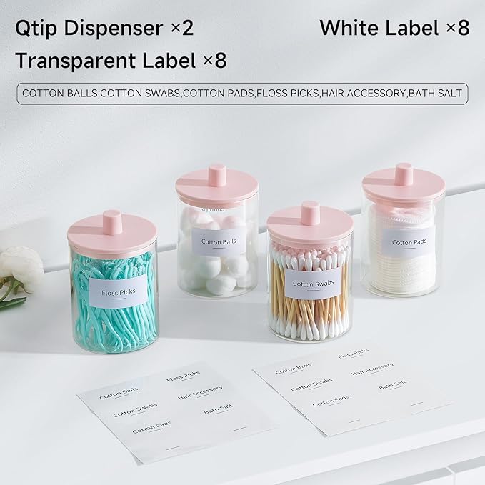 TIPGO Glass Qtip Holder Dispenser for Bathroom - 10 oz Clear Canister Apothecary Jar for Cotton Swabs, Balls, Pads, Floss Picks, Small Containers for Makeup Storage Organizer (2 Pack, Pink)