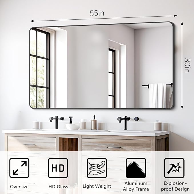 FORBATH Bathroom Mirror 30" x 55", Large Rectangular Wall Mirror with Black Aluminum Frame Rounded Corner, Wall Mounted Mirror for Bathroom Bedroom Entryway Living Room-StrideForce Fitness