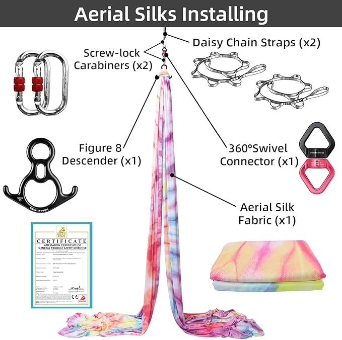 PRIOR FITNESS Aerial Silks Kit Colorful 9/15/20 Yards 40D Nylon Fabric Hammock Set With Hardware & Guide for All Levels Of Aerial Yoga Practice and Acrobatic Flying For Adults Aerial silk-StrideForce Fitness