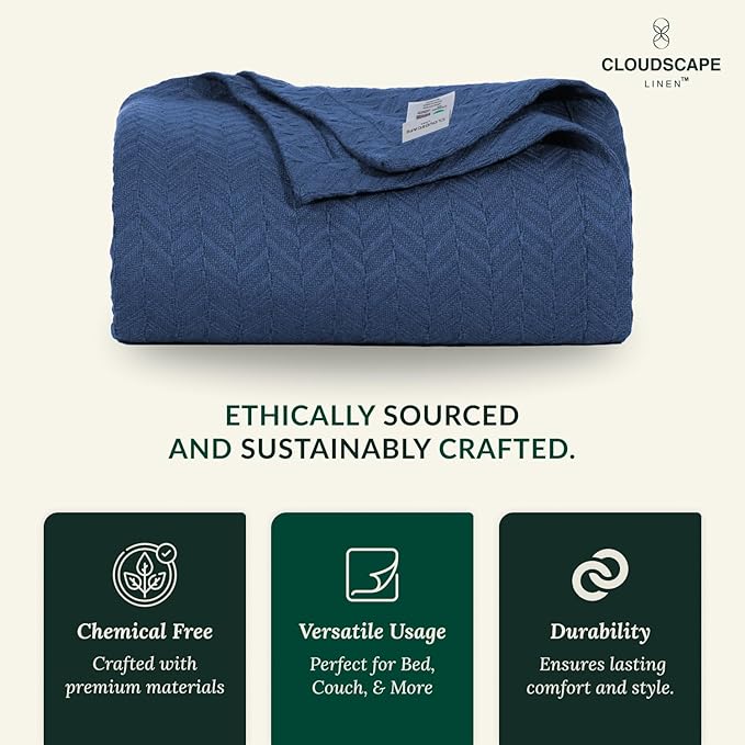 Cloud Scape Linen Herringbone Cotton Throw Blanket for Couch, Bed,Sofa, Home Decor, Soft, Lightweight, All-Season Bed Blanket, 50 x 70,Ensign Blue-StrideForce Fitness