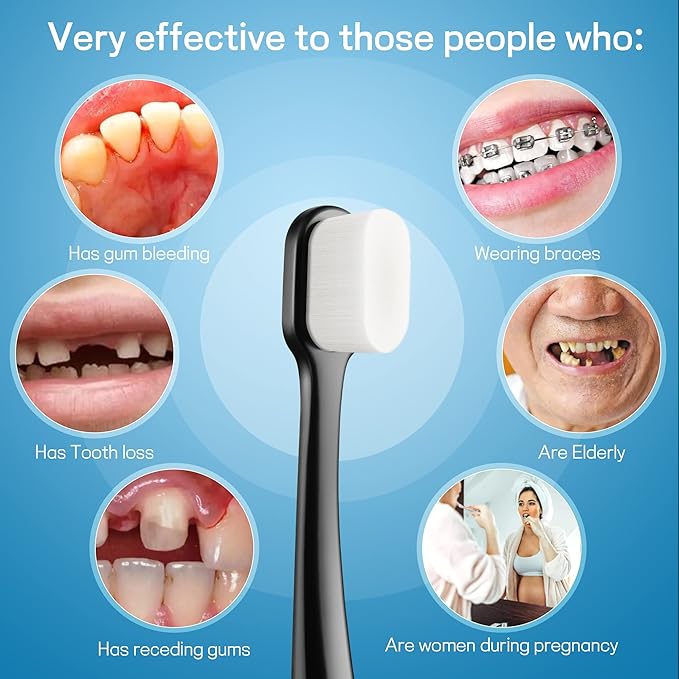 Ultra Extra Soft Toothbrush for Sensitive Gums, New Japanese 20,000 Micro Fine Nano Bristles Brush for Adults, Pregnant and Elderly, Portable Case for Travel, Black and White Color Pack of 2