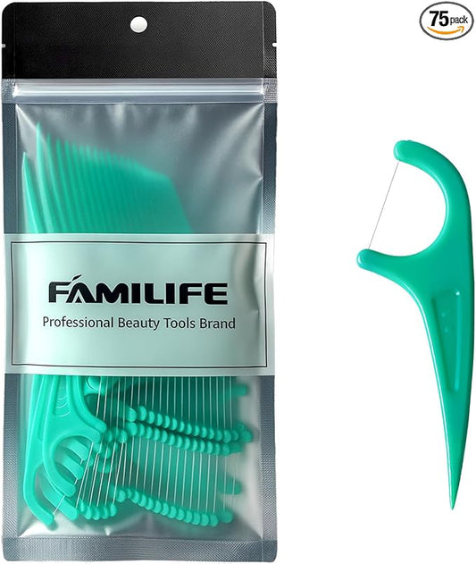 FAMILIFE Floss Picks 75 Count Mint Flavor, Dental Floss Picks for Adults & Kids, Strong Thread Flossers & Tooth Picks Flossers for Daily Oral Care Travel Floss Bag