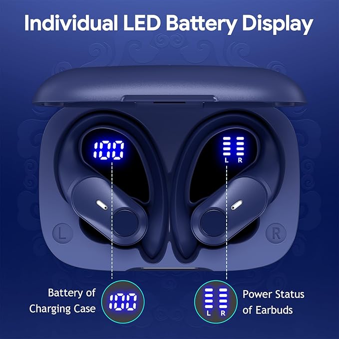 GOLREX Active Noise Cancelling Ear Buds Wireless Earbuds Bluetooth Headphones with 80H Playtime LED Display Wireless Charging Case, Over-Ear Hooks Earbud for Sports Running Gym Workout Blue-StrideForce Fitness