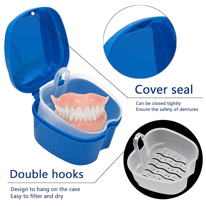 Denture Cleaner Box and Brush Set - 2 Pack Denture Bath Case with Basket + 2 Pack Denture Brushes, Portable Denture Retainer Storage Box, False Teeth Brushes for Oral Care