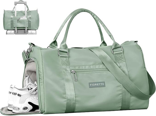 FIORETTO Womens Gym Tote Duffle Bag with Wet Pocket & Shoe Compartment, Sports Duffel Overnight Weekender Hospital Workout Carry on Bag for Girls, Ideal for Travel, Swimming, Dance, Ballet Celadon-StrideForce Fitness