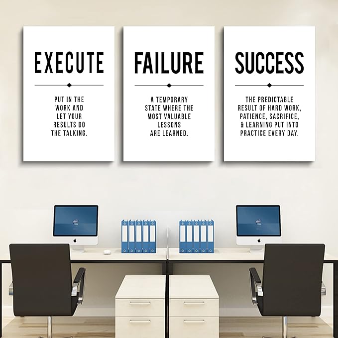 Framed Canvas Wall Art Success Quote, Office Wall Art, Black Large Poster, Positive Motivational Set of 3 Prints, Execute Failure Definition, Inspirational Print (D-3pcs,20x30inchx3pcs)-StrideForce Fitness
