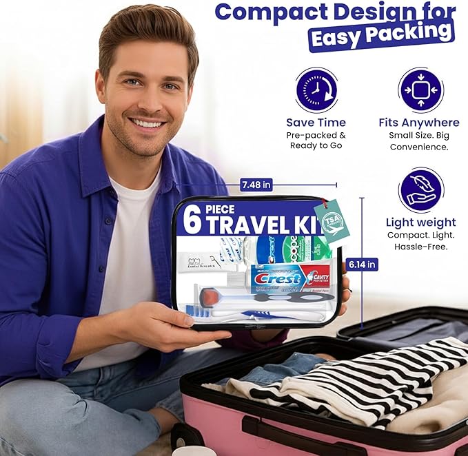Trektote Travel Toothbrush and Toothpaste Set - Dental Care Kit, TSA Compliant, Includes Toothpaste, Toothbrush, Mouthwash, Tongue Cleaner, Flosses and Premium Toiletry Bag
