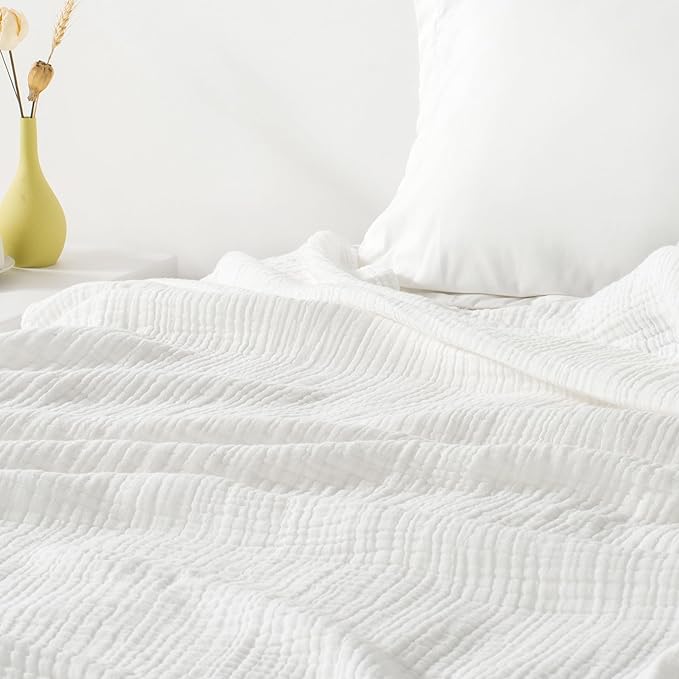 Carriediosa 100% Cotton Muslin Throw Blanket 108" X 90" King Size，4-Layers Summer Gauze Throws for Bed Couch，Soft Lightweight Breathable Linen Blankets Bedspread for Adults All Season，White-StrideForce Fitness