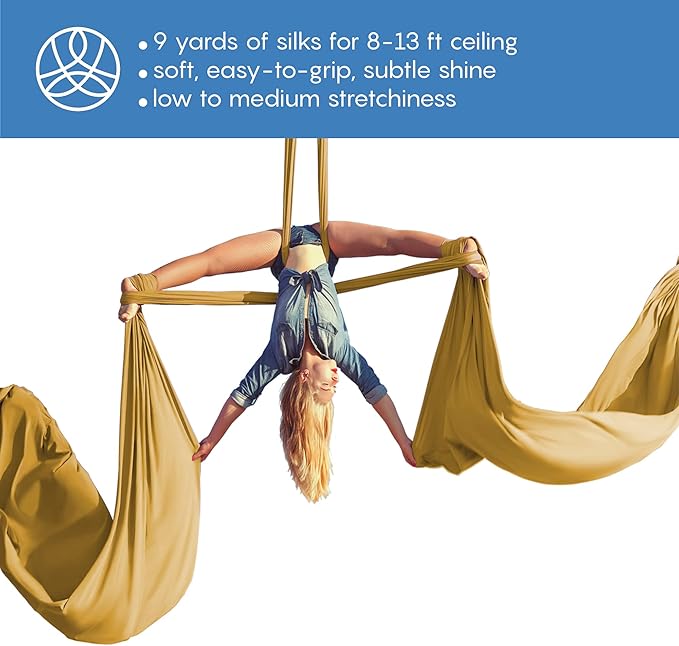 Aerial Silks Starter Kit - Durable 9 Yards of Aerial Yoga Hammock with Hardware & Guide - Aerial Swing for Acrobatic Flying Yoga & All Levels (Aerial Rigging Point Up to 13ft)-StrideForce Fitness