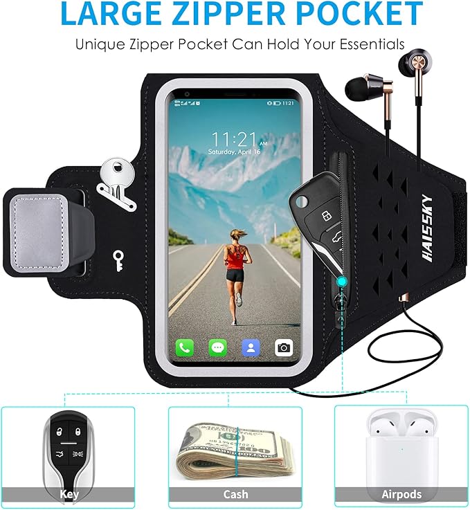 Running Armband with Earphone Bag Cell Phone Armband for iPhone 16 15 Pro 14 Plus 13 11 XR XS, Galaxy S24/S10 Water Resistant Sports Phone Holder Case & Zipper Slot Car Key Holder for 6.9 inch Phone-StrideForce Fitness