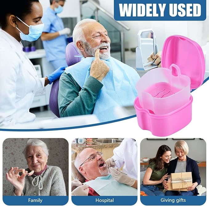 Pink Denture Bath Case Cup Box Holder Storage Container with Denture Cleaner Brush Strainer Basket for Travel Cleaning