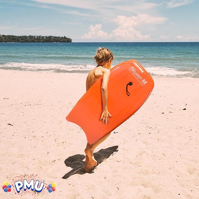 PMU 33 Inch Orange Bodyboard - Lightweight Wrist Leash, Slick Bottom Boards for Beach, Sea & Pool - Surfing Board for Kids, Teens & Adults Wave Conditions Pkg/1-StrideForce Fitness