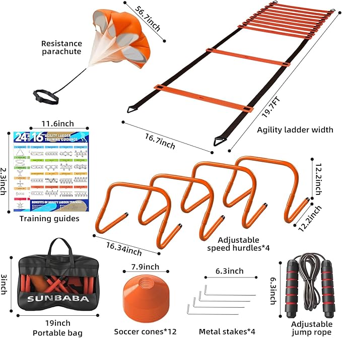 Agility Ladder Speed Training Equipment Set with 20ft Agility Ladder,4 Hurdles,12 Cones,Jump Rope,Running Parachute-Ideal Training Equipment for Kids Youth Adults in Soccer Football Basketball-StrideForce Fitness