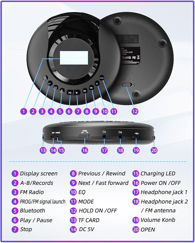 ARAFUNA Portable CD Player Bluetooth with FM Radio, 2000mAh Rechargeable CD Player for Car with LCD Screen, Anti Shock Protection Compact Player with Headphone, AUX Cable-StrideForce Fitness
