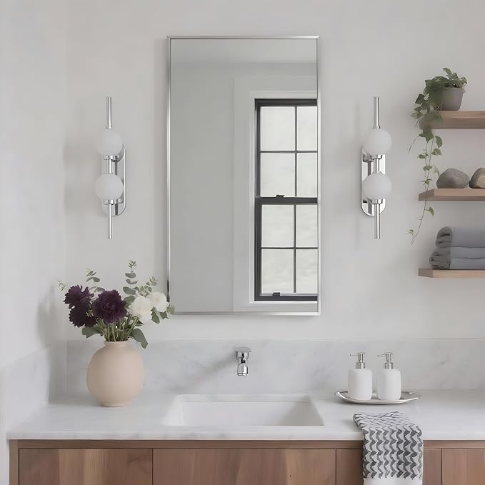 20x36 Inch Nickel Bathroom Mirror for Wall, Aluminum Frame Rectangle Rectangular Vanity Mirror, Modern Large for Bedroom, Living Room, Horizontal or Vertical-StrideForce Fitness