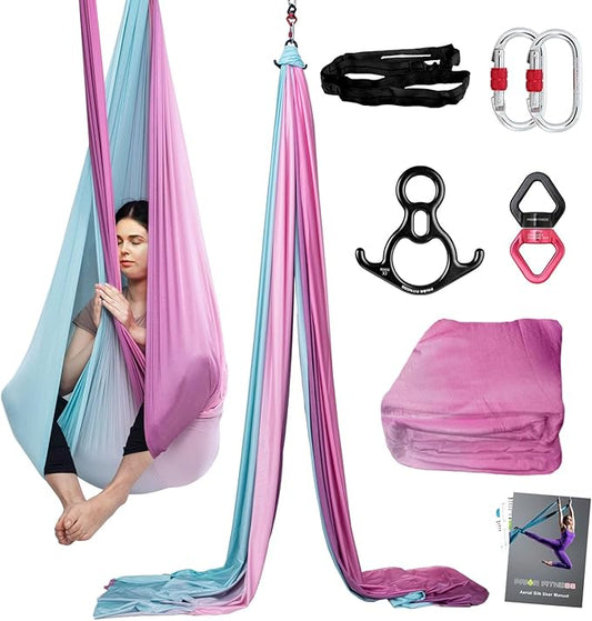 PRIOR FITNESS Aerial Silks Kit Colorful 9/15/20 Yards 40D Nylon Fabric Hammock Set With Hardware & Guide for All Levels Of Aerial Yoga Practice and Acrobatic Flying For Adults Aerial silk-StrideForce Fitness