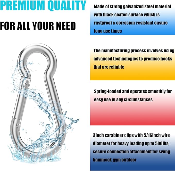 100PCS M8 Spring Snap Hook Carabiner, 3" x 5/16" Heavy Duty Galvanized Steel Carabiner Clips, 470LBS Capacity Spring Quick Links Clips for Camping Hiking Hammock Swing and Outdoor Activities-StrideForce Fitness