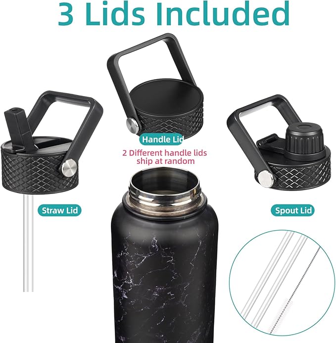 40oz Insulated Water Bottle Stainless Steel Sport Bottles with 3 Lids,Marble Midnight-StrideForce Fitness