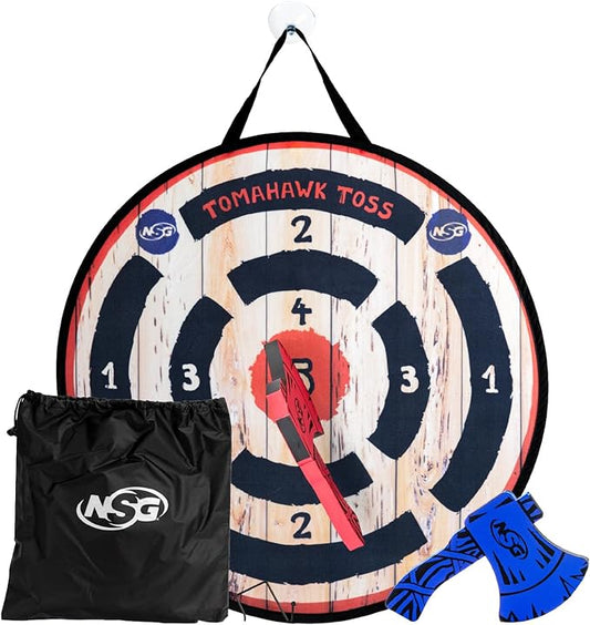 NSG Tomahawk Toss - Foam Axe Throwing Game for Kids - Two Lightweight Axes with Large Easy Stick Target, Wood/Black/red/Blue (JS7000)-StrideForce Fitness