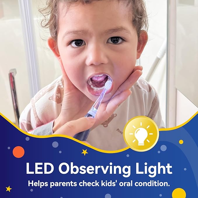 SEAGO Kids Electric Toothbrush Rechargeable with Smart Timer, LED Observing Light & DIY Stickers for Toddlers Ages 2-4, Soft Bristles for Oral Care, USB Charging (Blue)