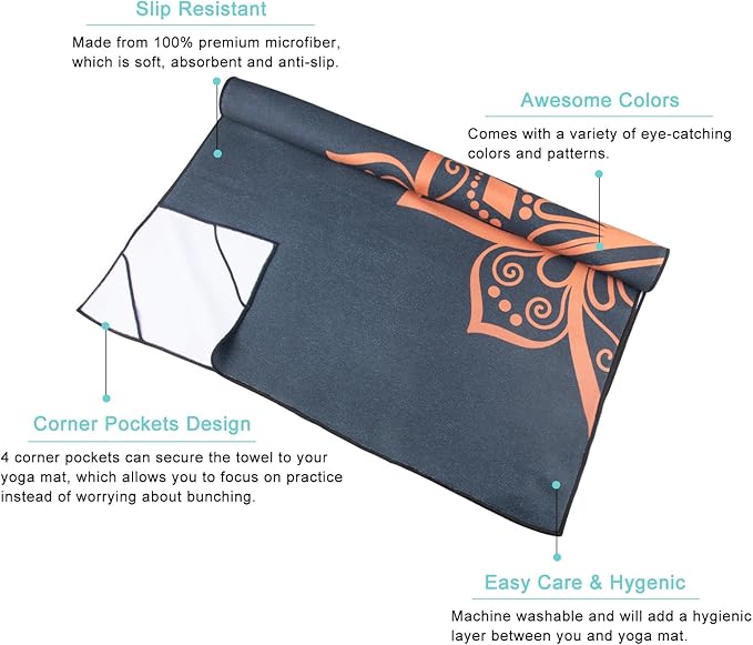 QiyI Yoga Mat Towel with Corner Pockets, Non Slip Sweat Absorbent Hot Yoga Towels, Soft Yoga Blankets with Travel Bag, Skidless Mat Cover for Workout, Gym, Fitness - 70"x26", Luxury Golden Mandala-StrideForce Fitness